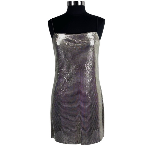 ALICE AND OLIVIA HARMONY ANTIQUE SILVER CHAINMAIL ALUMINUM TANK MINI PARTY DRESS - Picture 4 of 17